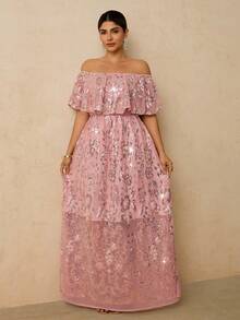 Travachic Vestido maxi elegante y romántico de hombros descubiertos con mangas de murciélago en color rosa para mujeres de talla grande para fiestas y días festivos - Rosa - Ver 6