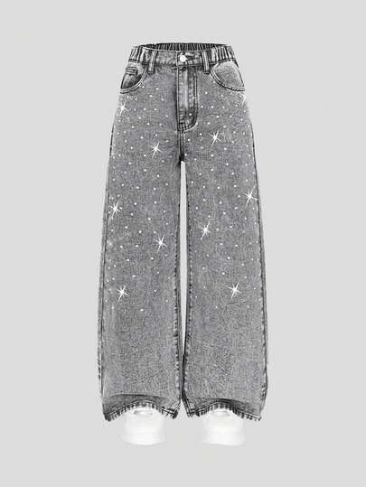 Sparklyn Blugi TEEN GIRL Y2K Chic Urban Street Style Sclipici cu Detalii de Călcat cu Diamante, Confortabili, Talie Elastică, Picior Larg, Articol de Modă Indispensabil pentru Fete