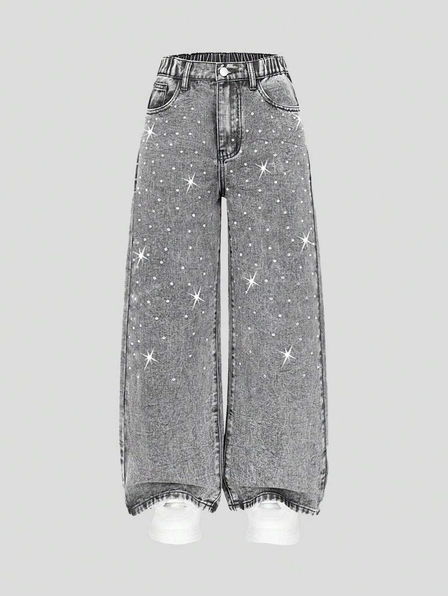 Sparklyn Quần jeans ống rộng phong cách đường phố Y2K sành điệu dành cho nữ tuổi teen, điểm nhấn lấp lánh như kim cương, cạp chun co giãn, món đồ thời trang không thể thiếu. - Màu Xám nhạt - Xem 1