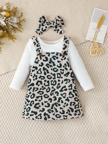 SHEIN Playful Pals 两件套休闲长袖女婴连体衣和豹纹背带裙套装