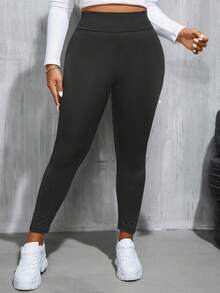 SHEIN Essnce Plus Size Women's Spring And Autumn Leisure Sports High Waist High Elastic Comfortable Black Slim Leggings,Women Bottom,Street Wear,Curve Pants,Basics Pants,Fall Outfits,Y2k Pants