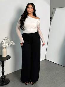 Firerie 优雅简约珍珠串珠长袖网纱不对称肩部T恤 - 白色 - 查看 3