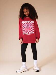 SUMWON Cherry Red Graphic Print Sweatshirt With Checkered Design Pattern And Leggings Co-Ord Set Vacation - Burgundy - View 1
