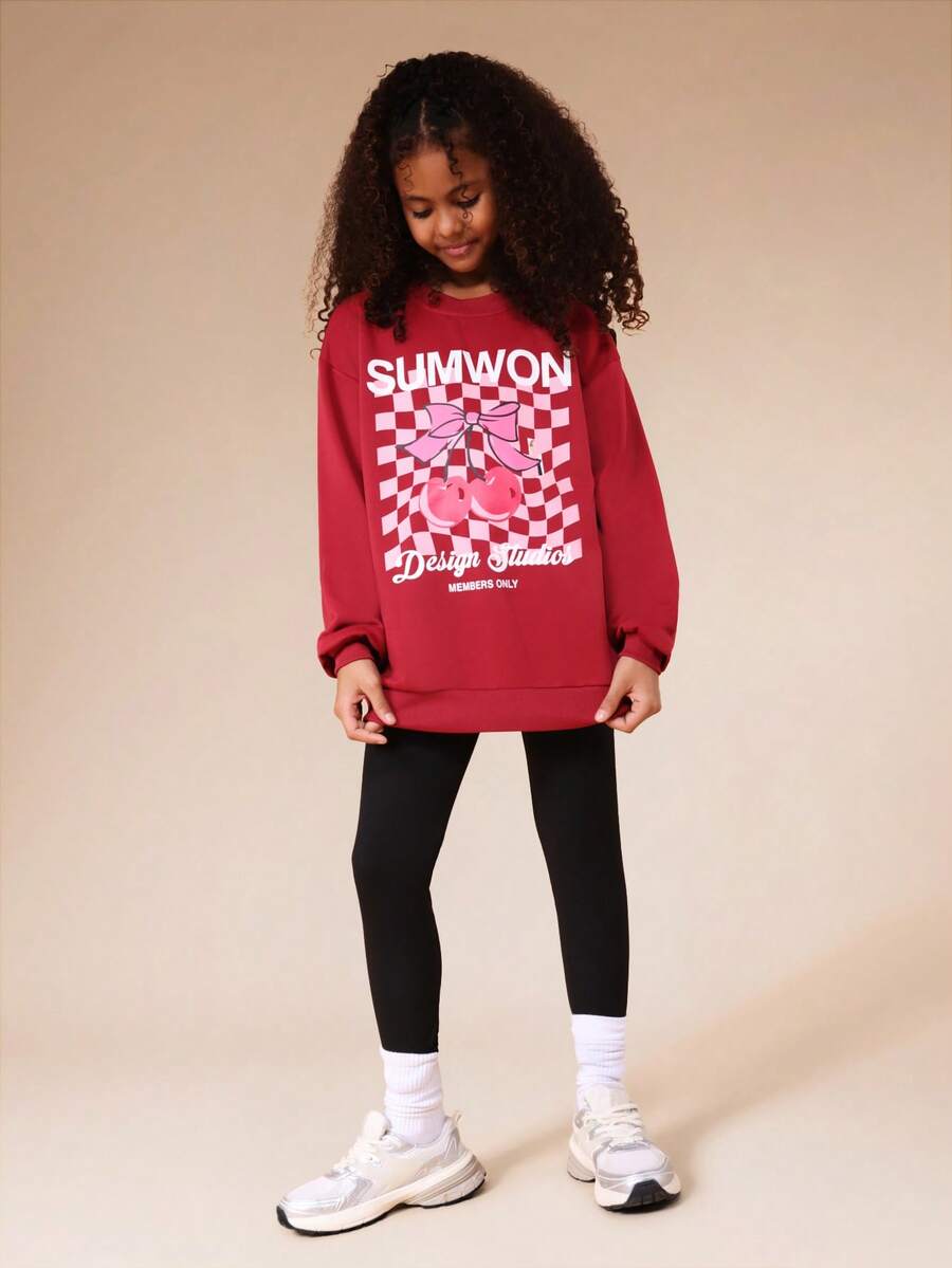 SUMWON Cherry Red Graphic Print Sweatshirt With Checkered Design Pattern And Leggings Co-Ord Set Vacation - Burgundy - View 1