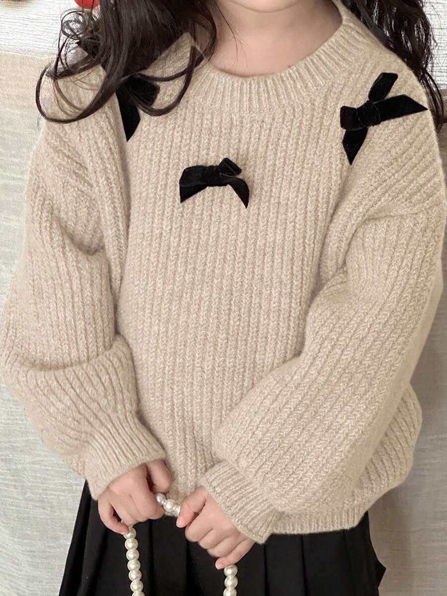Dazy Kids 女童蝴蝶结装饰落肩长袖休闲宽松针织衫,秋冬款 - 卡其色 - 查看 1