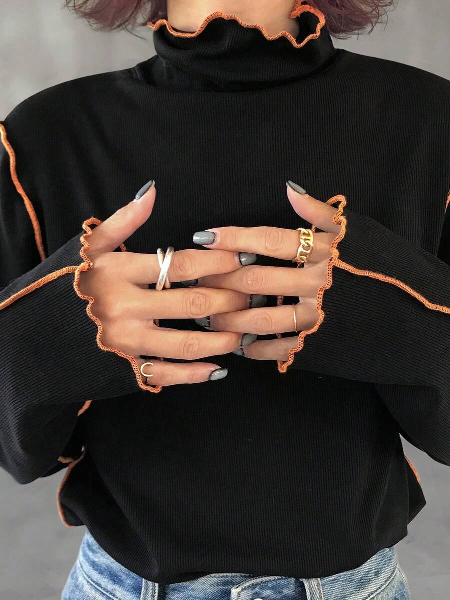 FRIFUL Women's Turtleneck Contrast Color T-Shirt With Contrast Ruffle Hem, Multi-Layer Ruffled Flared Sleeves, Fitted Long Sleeve Top - Black - View 1