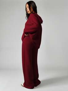 MISSGUIDED Quần ống rộng dệt kim cạp cao dành cho nữ có chi tiết logo, cạp rút dây thoải mái cho mùa đông - Màu Đỏ Sâu - Xem 2