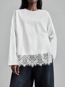 Ontre Lace 2026SS Spring/Summer Party Valentine's Day T-Shirt Top, Women's Spring/Summer Apparel, Round Neck White Lace Patchwork Elegant Minimalist Women's T-Shirt, Spring/Summer Vacation Party Holiday Office Wear Professional Attire Casual Wear - White - View 4