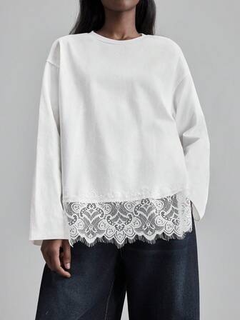 Ontre 2025 Vinter Spets Patchwork Rund Hals Vit T-shirt, Elegant & Minimalistisk, Lämplig För Kvinnor Kontorskläder, Fest, Semester, Halloween, Jul, Casual, Mångsidig, Urban Chic, Gästkläder, Tillbaka till skolan, Lös Passform, Långärmad, 2026 Vår/Sommar Alla hjärtans dag, Halloween, Jul, Thanksgiving, Semester, Modern & Mångsidig Dam T-shirt