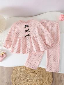 2pcs Young Girls Bubble Crinkle Print Long Sleeve Top And Pants Soft Polka Dot Bow Pajama Set, All Season - Baby Pink - View 4