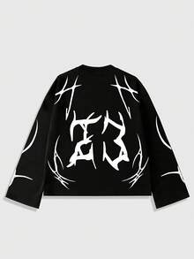 ROMWE MEN Street Life Camiseta de manga larga de cuello redondo holgada y casual con estampado gótico para hombres - Negro - Ver 2