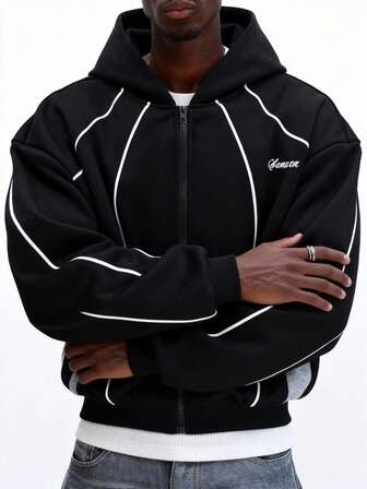 SUMWON Full Zip Hoodie With Contrast Piping And Embroidered Logo For Casual Streetwear
