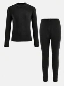 SHEIN 两件套男童休闲纯色圆领长袖上衣和裤子内搭套装，波西米亚哥特风 Y2K 街头风锐舞度假假日派对节日秋冬复古休闲舒适装