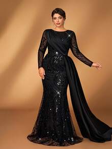 Serin Đầm dạ hội cỡ lớn sang trọng, thanh lịch màu đen, chất liệu satin thêu sequin, cổ tròn, tay dài, dáng đuôi cá bất đối xứng, phù hợp cho tiệc tối, tiệc độc thân, hẹn hò, dạ hội, kỳ nghỉ, đám cưới, mẹ cô dâu, khách mời, ngày Valentine. - màu đen - Xem 7