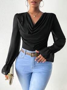 VaVaBold Women's Solid Color Ruffled Collar & Cuff Elegant Fashionable Bodysuit - Black - View 4