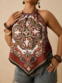 Travachic Top de tirantes finos con estampado floral de estilo bohemio y cuello halter casual para vacaciones, talla grande para mujer - Multicolor - Ver 1