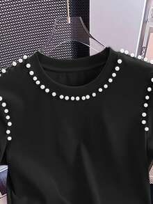 SHEIN Women Pearl Decor Fitted Round Neck Short Sleeve T-Shirt - Black - View 3