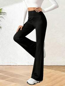 Lunelith SHEIN Lunessa Pantaloni lunghi a vita alta aderenti e svasati di colore unito casual da donna, pantaloni casual con gamba a zampa d'elefante per primavera/autunno, neri, vestibilità regular, per uso casual quotidiano