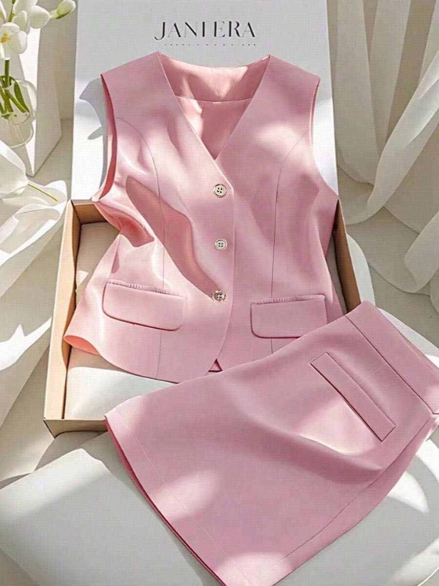 Franclia 女士优雅通勤背心裙套装 - 粉色 - 查看 1