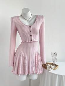 Elamini 2pcs/Set Women Ribbed Knit Cardigan & Ruched Waist A-Line Mini Dress Outfit, Pink, Spring/Autumn - Pink - View 3