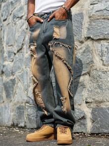 Manfinity EMRG Plus Size Men's Distressed Vintage Washed Denim Jeans With Embroidered Patches Baggy Jeans Men Patched - Blue - View 4