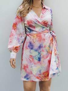 SHEIN Privé Plus Size Women Tie-Dye Print Side Knot Long Sleeve Casual Dress - Multicolor - View 3