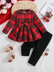 SHEIN 2pcs Baby Girls Classic Black & Red Plaid A-Line Sweater Top And Black Knit Leggings Set, Suitable For Everyday Wear And Holiday Celebrations - Black - View 1