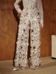 Anewsta Elegant Champagne Color Floral Mesh Straight Leg Pants, Glamorous Resort Wear For Women, Spring/Summer Outfits - Champagne - View 6