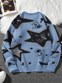 Manfinity Hypemode Herren Lässig Pentagramm Muster Rundhals Langarm Pullover, Herbst/Winter - Blau - Übersicht 2