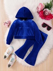SHEIN 时尚可爱的女婴 2 件套水钻字母图案天鹅绒连帽衫和喇叭裤、运动裤、服装、可爱、休闲和复古，非常适合夏季和秋季休闲和日常穿着和学校日常穿着，适合圣诞节 - 藏蓝色 - 查看 7