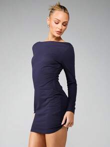 MISSGUIDED Bodycon Long Sleeve Boat Neck Ruched Mini Dress Evening Party Fall Winter Style - Navy Blue - View 3