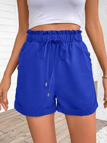 SHEIN LUNE Women's Solid Color Paper Bag Waist Pocketed Casual Shorts - Royal Blue - View 5