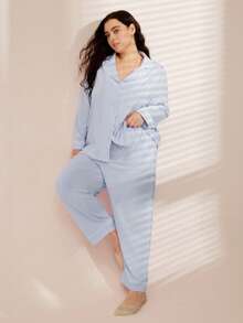 LUVLETTE Autumn And Winter Plus Size Soft 100% Pure Cotton Basic Button-Up Top & Pants Loungewear Pajama Set Cotton Pajamas - Blue - View 4