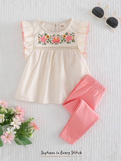 Cozy Pixies 女婴花卉印花圆领荷叶边无袖上衣和松紧腰裤两件套