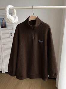 Comfortcana Plus Size Women Chocolate Brown Letter Graphic Zip-Up Half Placket Fleece Sweatshirt, Autumn/Winter - Chocolate Brown - View 4