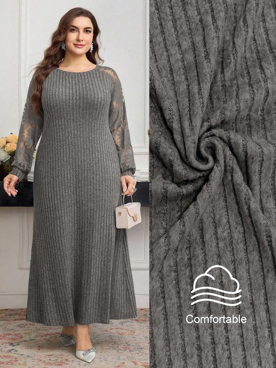 Modelyn Gaun Wanita Ukuran Besar Musim Gugur/Dingin dengan Detail Renda dan Motif Bunga Matahari Patchwork yang Lembut - Dark Grey - View 1
