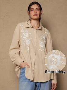 SHEIN VCAY Camisa vintage plus size com ombros caídos em cores contrastantes, manga longa e botões frontais. - Damasco - Ver 3