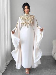 Elenzga 加大码女式优雅皇家简约度假宽松抽绳腰超长袖印花立领长裙，深色女性时尚（星期三美学），秋季 - 米色 - 查看 1