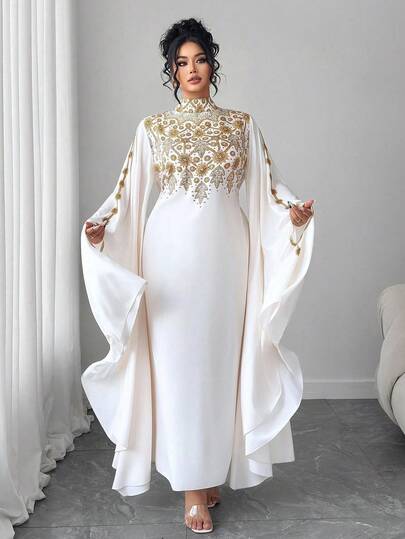 Elenzga Vestido maxi de mujer talla grande con estampado de colocación, cuello alto, mangas extra largas, cintura con cordón, elegante, sencillo, ideal para vacaciones, de estilo femenino oscuro (estética del miércoles), otoño