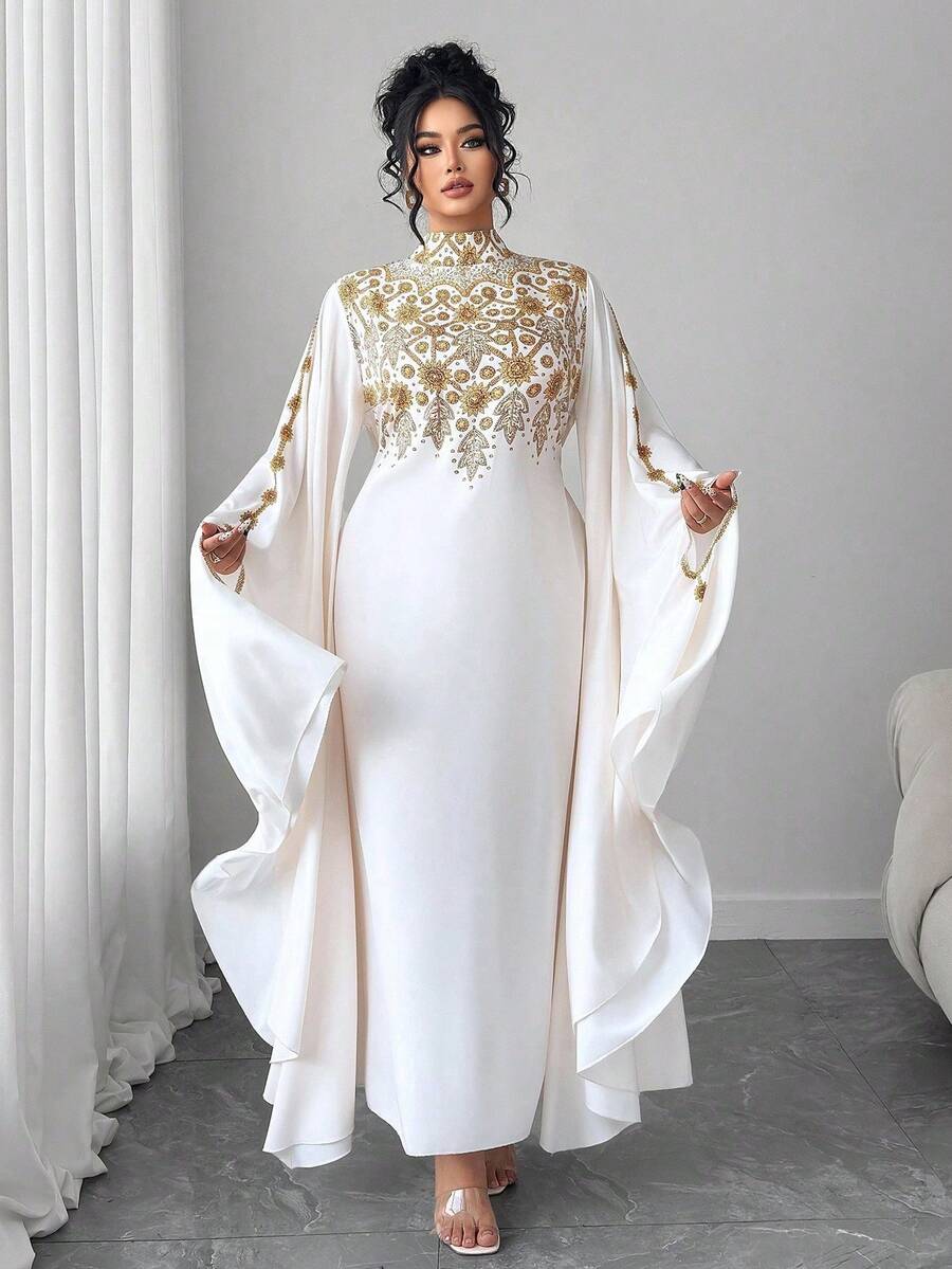 Elenzga 加大码女式优雅皇家简约度假宽松抽绳腰超长袖印花立领长裙，深色女性时尚（星期三美学），秋季 - 米色 - 查看 1