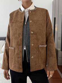 DAZY 女士休闲夹克，采用柔软绒面革面料，编织格纹图案，针织饰边，宽松版型，优雅街头风格，适合秋冬季节穿着。 - 駝色 - 查看 6