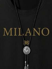 Manfinity Homme 男士字母印花圆领休闲宽松T恤 - 黑色 - 查看 2