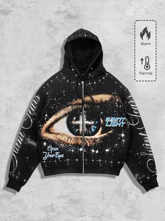 Street Life Men's Eye Minimalist Printed Long Sleeve Zip Up Hooded Sweatshirt, Fall Winter