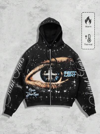 Street Life Men's Eye Minimalist Printed Long Sleeve Zip Up Hooded Sweatshirt, Fall Winter
