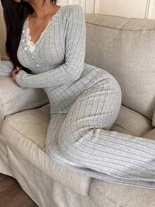 SHEIN Casual Comfortable Minimalist Lace Collar Knitted Ribbed Loungewear Set - Grey - View 4