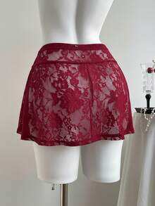 Comfortcana Váy ren xuyên thấu thời trang cạp chun cho nữ cỡ lớn, váy che ngoài đồ bơi, váy quần màu đỏ tía, váy ren cho nữ dịp Giáng sinh, Năm mới, Lễ Tạ ơn, Tiệc tùng, Đám cưới. - Màu Đỏ Sâu - Xem 2
