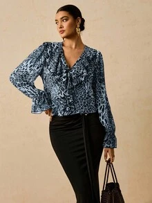Travachic Plus Size Women Chiffon Floral Print Long Sleeve Blouse, Leopard Print Ruffle Hem Shirt - Blue - View 5