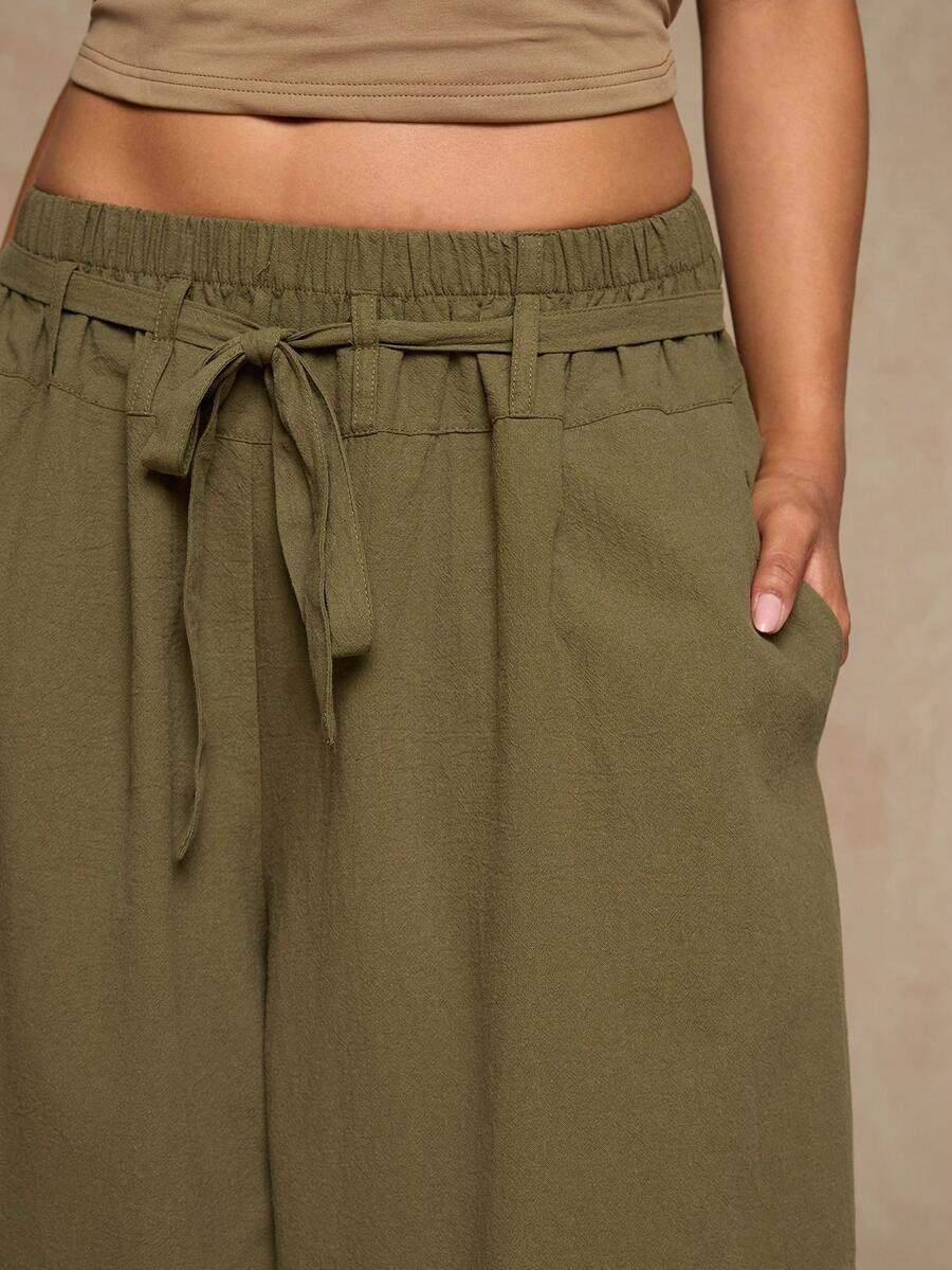 Freevana 大码休闲宽松灯笼裤，带口袋，女士长款纯棉裤 - 軍綠色 - 查看 1
