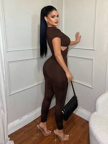 SHEIN SXY 女士性感简约纯色镂空金属装饰紧身连体裤 - 棕色 - 查看 2
