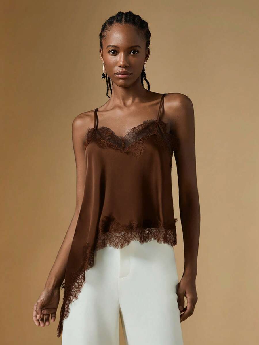 Briarwyn Brown Elegant Lace Trim Camisole Top For Women, Asymmetric Hem Party Going Out Top - Coffee Brown - View 1